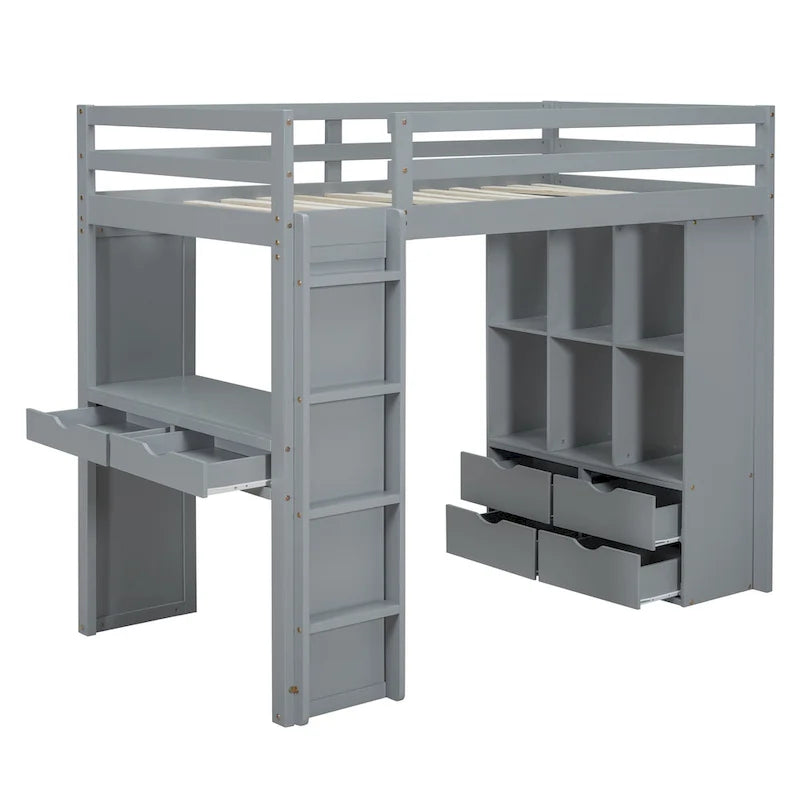 Gray Full Size Solid Wood Loft Bed with Shelves, Writing Desk, and LED Light