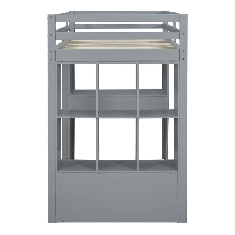 Gray Full Size Solid Wood Loft Bed with Shelves, Writing Desk, and LED Light