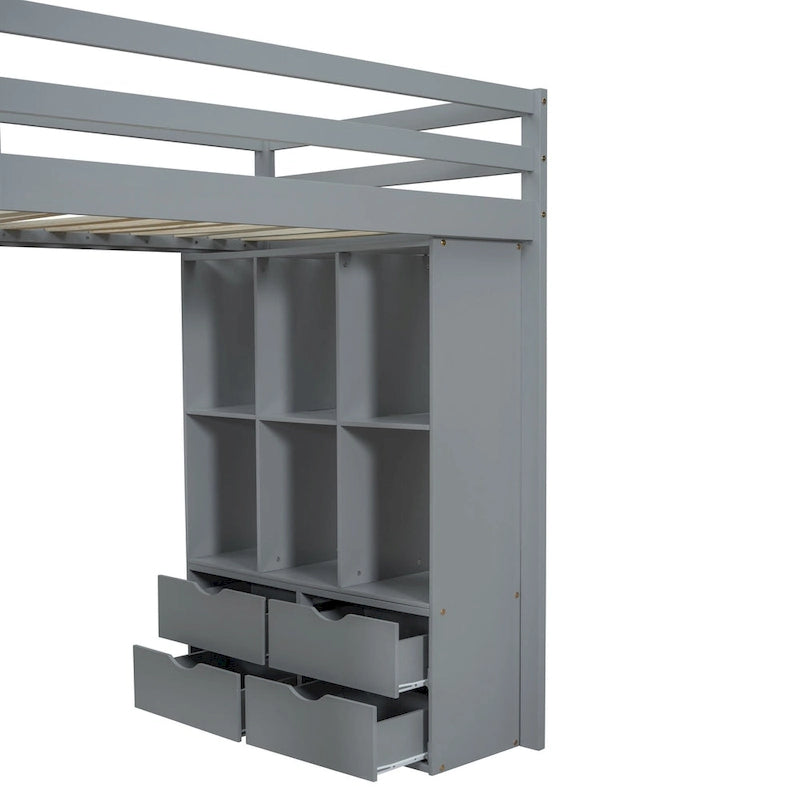 Gray Full Size Solid Wood Loft Bed with Shelves, Writing Desk, and LED Light