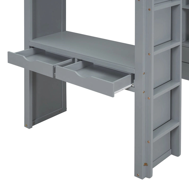 Gray Full Size Solid Wood Loft Bed with Shelves, Writing Desk, and LED Light