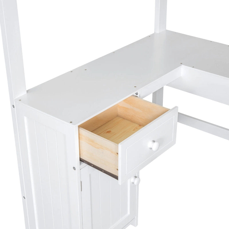 White Twin Size Solid Wood Loft Bed with Desk, Blackboard, and Drawers