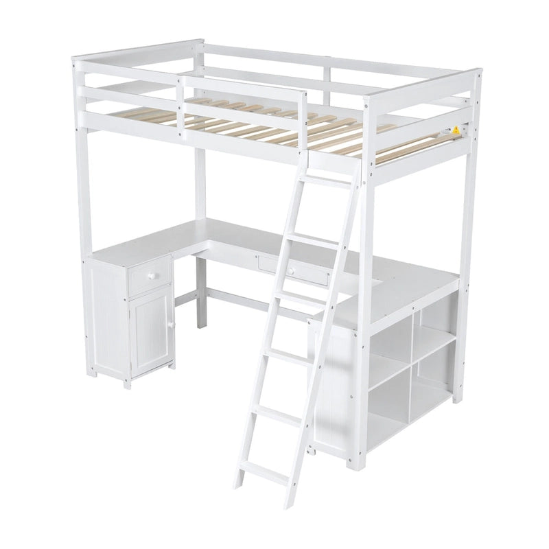 White Twin Size Solid Wood Loft Bed with Desk, Blackboard, and Drawers