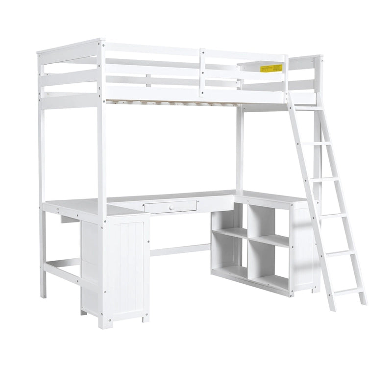 White Twin Size Solid Wood Loft Bed with Desk, Blackboard, and Drawers