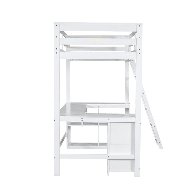 White Twin Size Solid Wood Loft Bed with Desk, Blackboard, and Drawers