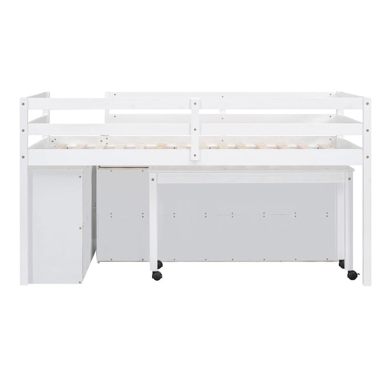 White Twin Size Solid Wood Loft Bed with Retractable Desk and Drawers