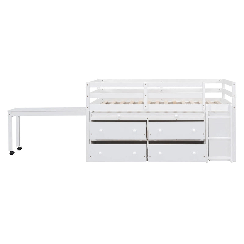 White Twin Size Solid Wood Loft Bed with Retractable Desk and Drawers