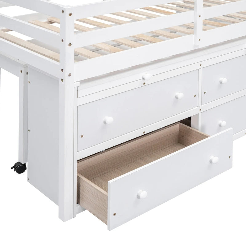 White Twin Size Solid Wood Loft Bed with Retractable Desk and Drawers