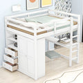 White Full Size Solid Wood Loft Bed with Wardrobe, Desk, and Shelves