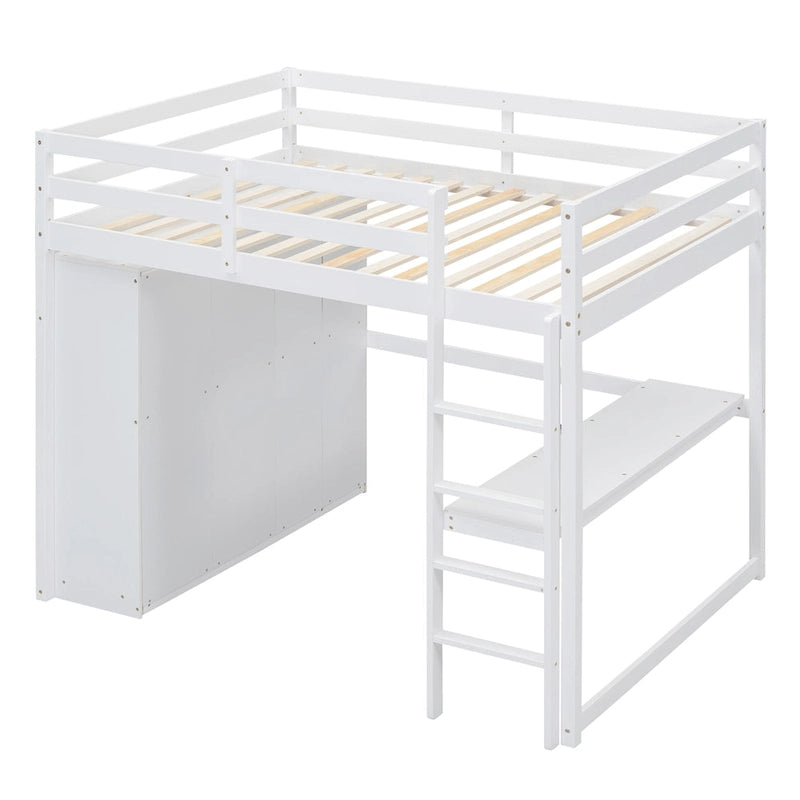 White Full Size Solid Wood Loft Bed with Wardrobe, Desk, and Shelves