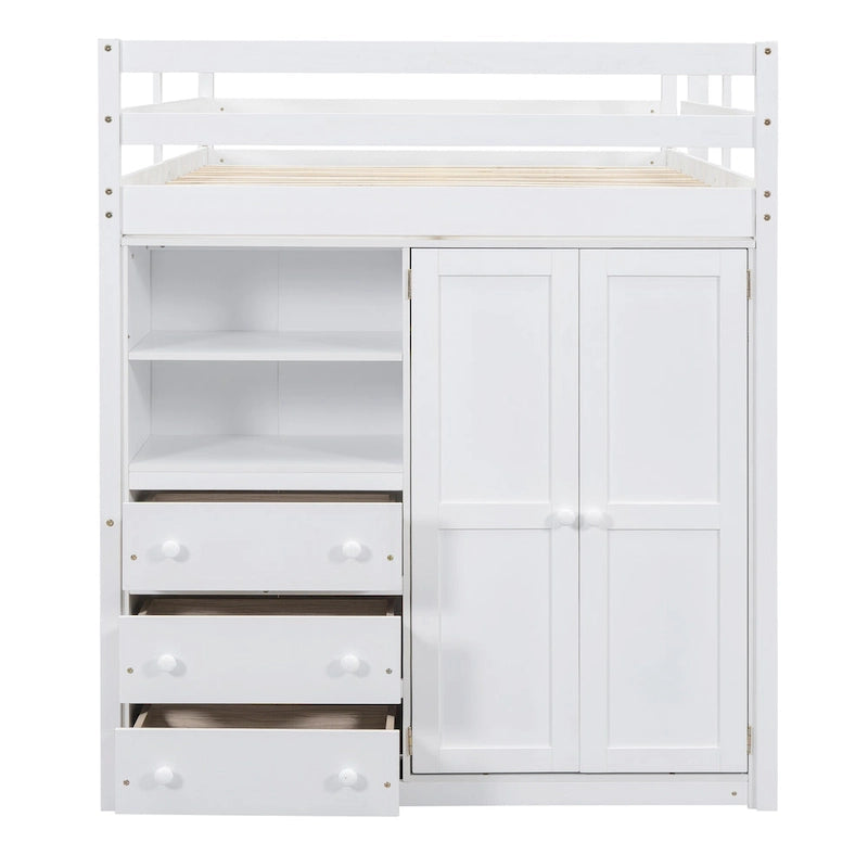 White Full Size Solid Wood Loft Bed with Wardrobe, Desk, and Shelves