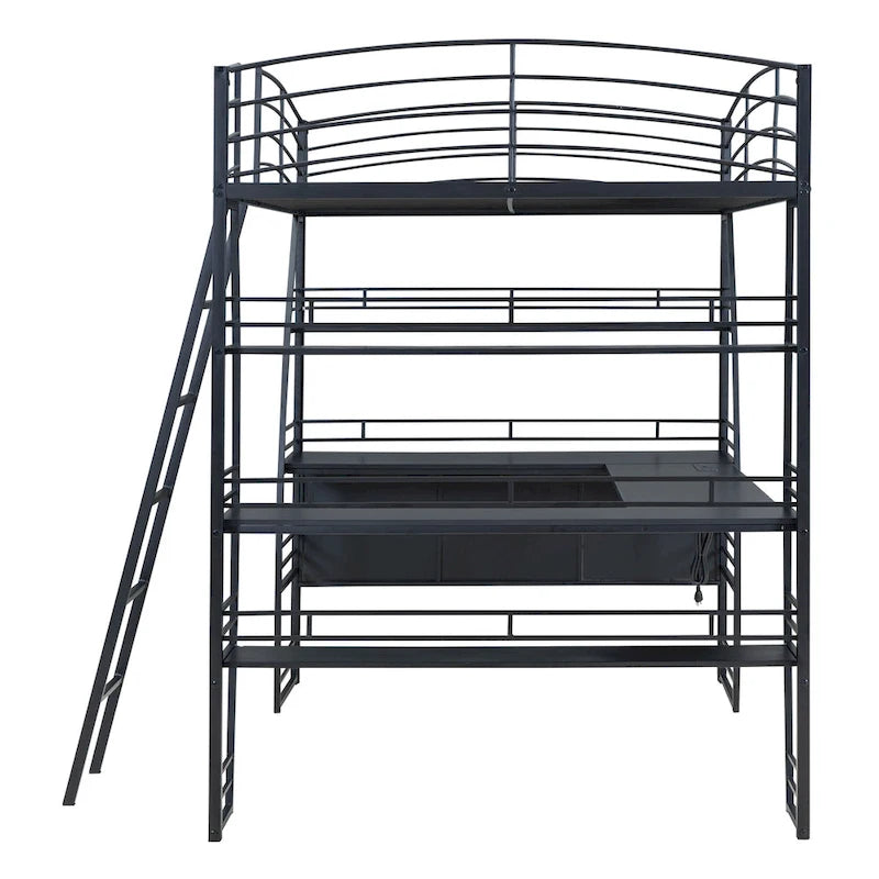 Full Size Metal Loft Bed with Shelves, L-Shaped Desk, Sockets, USB Ports, Wireless Charging