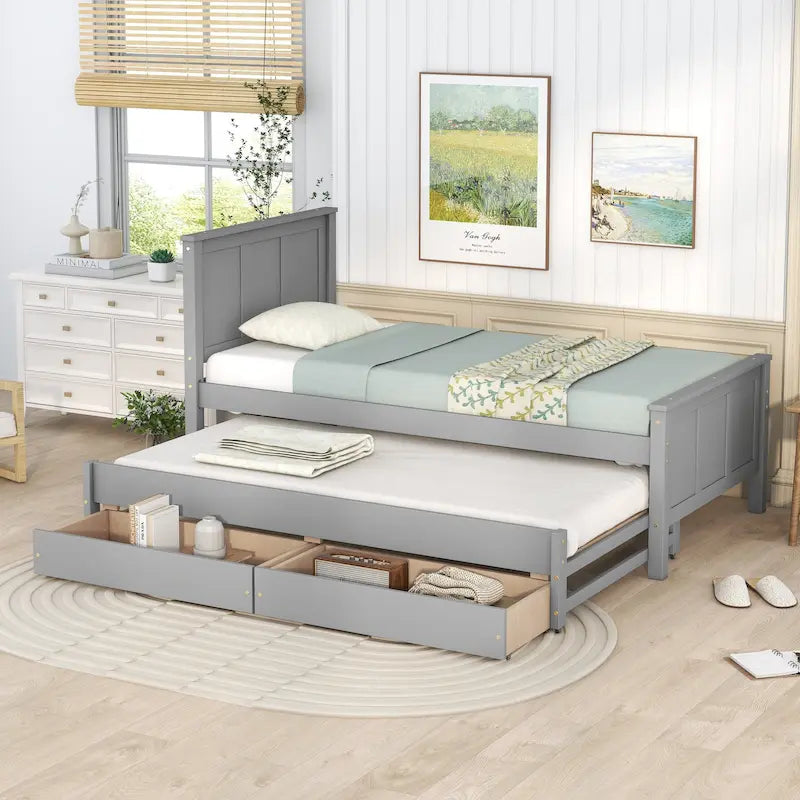 Twin Pine Platform Bed with Trundle and Drawers