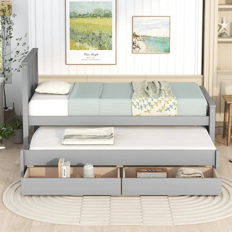 Twin Pine Platform Bed with Trundle and Drawers