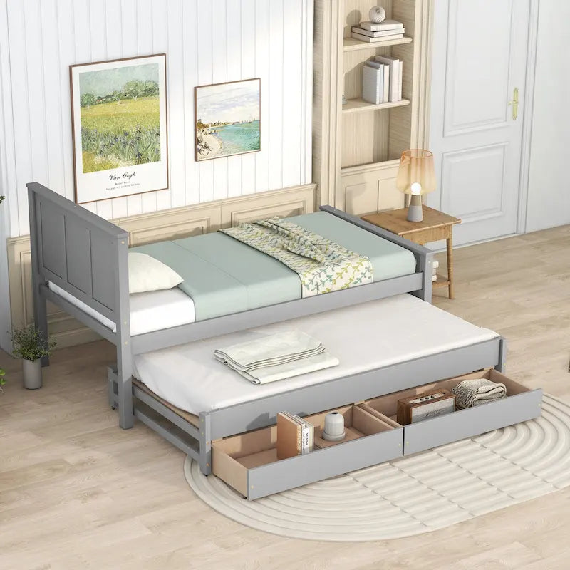 Twin Pine Platform Bed with Trundle and Drawers