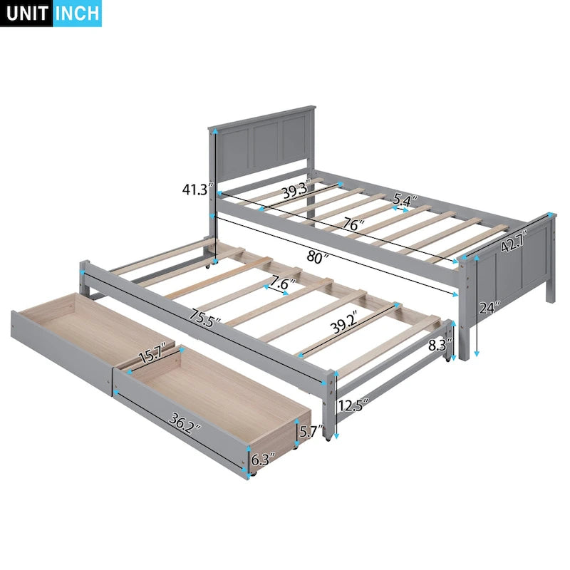 Twin Pine Platform Bed with Trundle and Drawers
