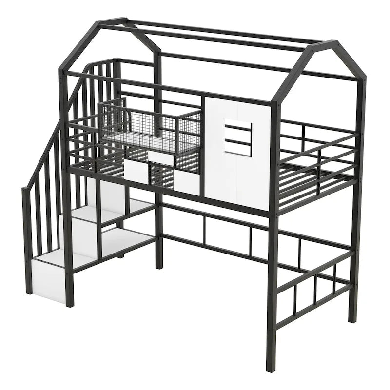 Twin Metal House Loft Bed with Roof, Storage Box, and Ladder