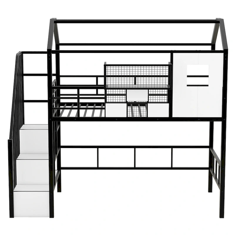 Twin Metal House Loft Bed with Roof, Storage Box, and Ladder