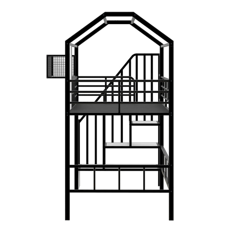 Twin Metal House Loft Bed with Roof, Storage Box, and Ladder