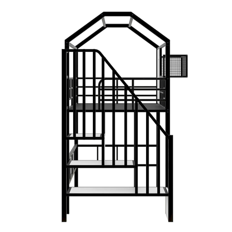 Twin Metal House Loft Bed with Roof, Storage Box, and Ladder