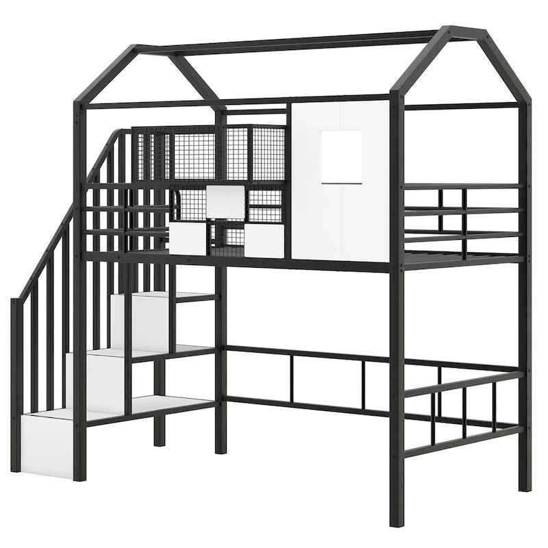 Twin Metal House Loft Bed with Roof, Storage Box, and Ladder