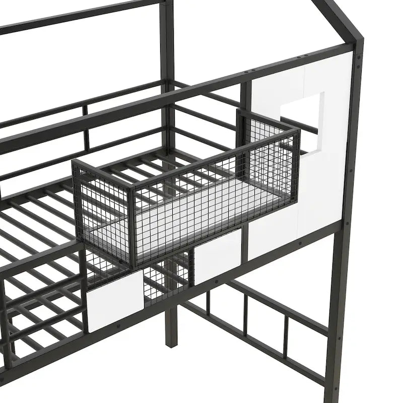 Twin Metal House Loft Bed with Roof, Storage Box, and Ladder