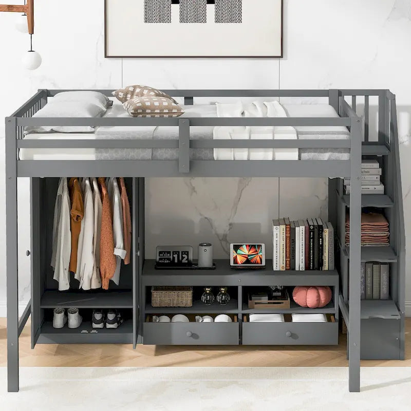 Gray Full Solid Wood Loft Bed with Wardrobe & Storage Table