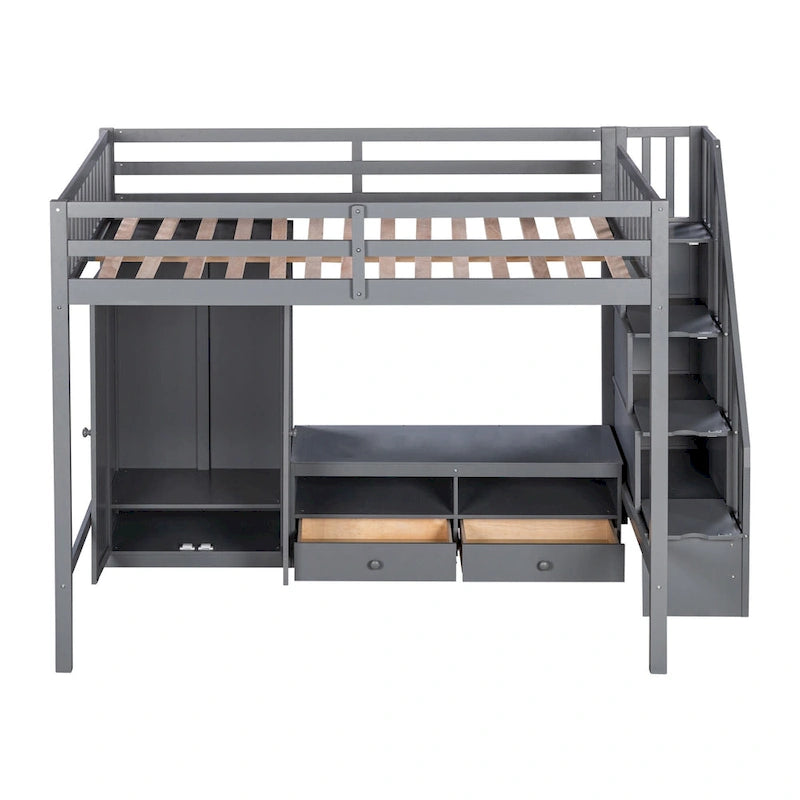 Gray Full Solid Wood Loft Bed with Wardrobe & Storage Table