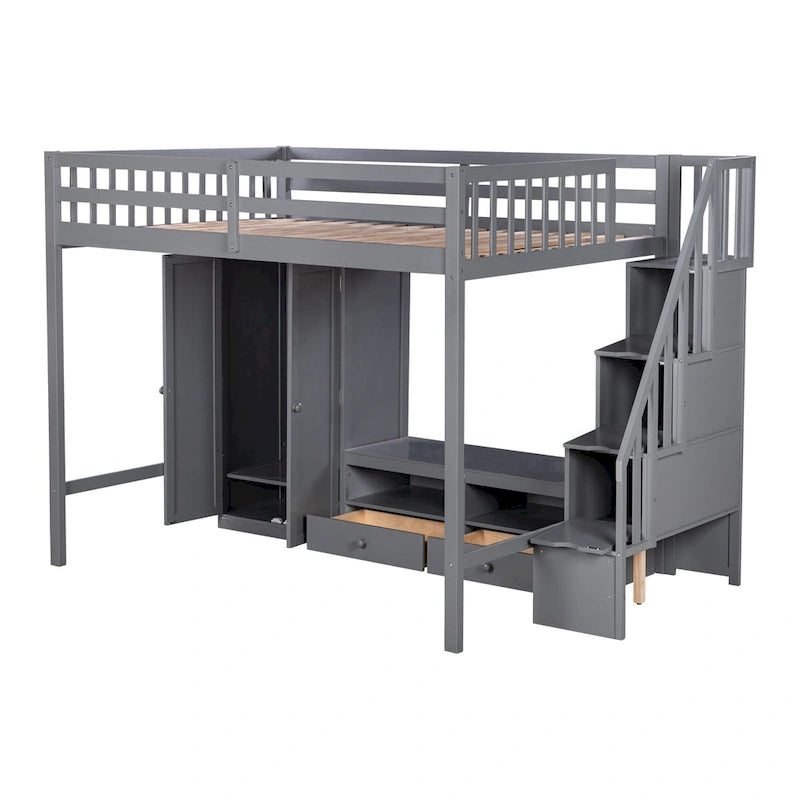 Gray Full Solid Wood Loft Bed with Wardrobe & Storage Table