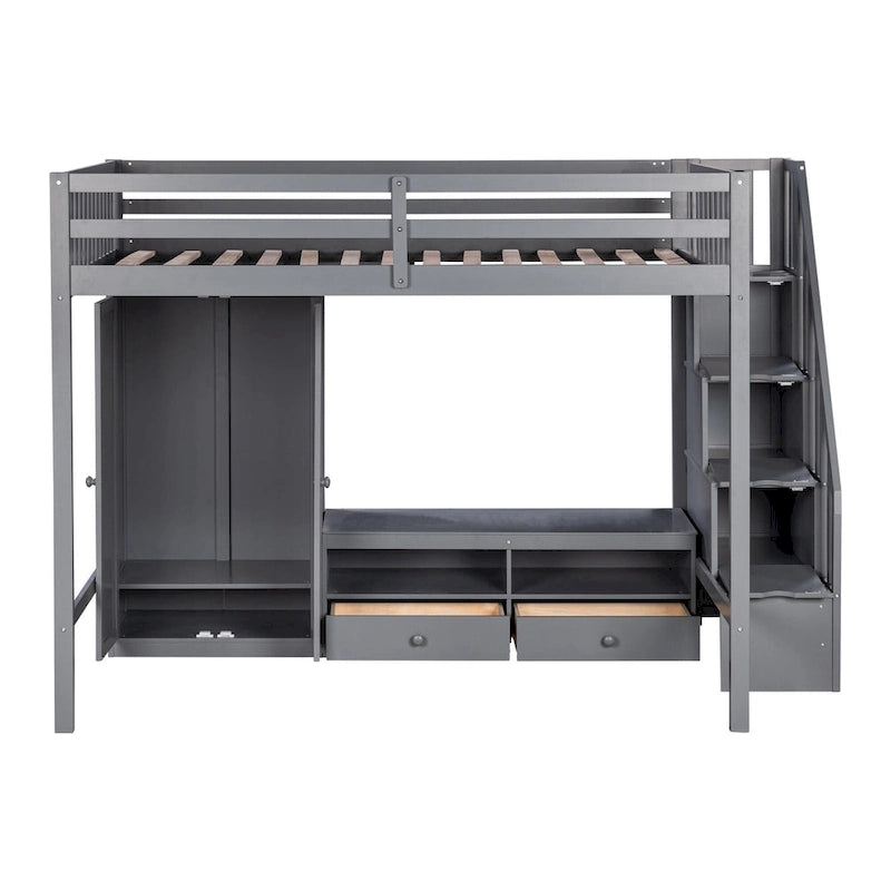 Gray Full Solid Wood Loft Bed with Wardrobe & Storage Table