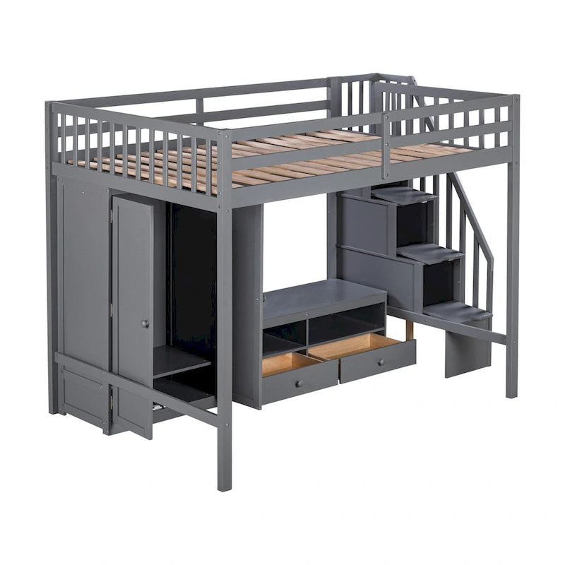 Gray Full Solid Wood Loft Bed with Wardrobe & Storage Table