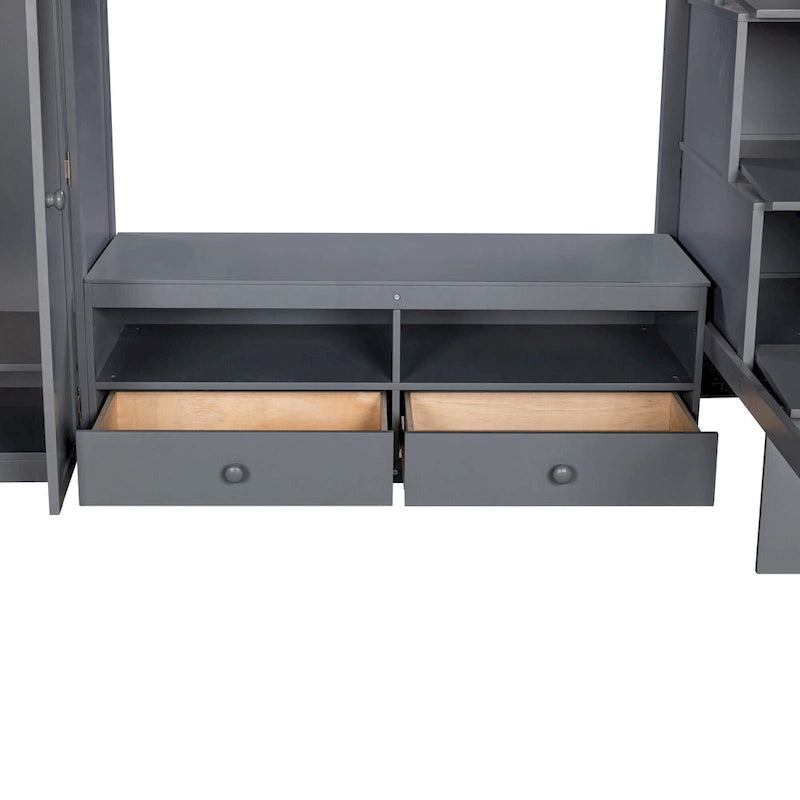 Gray Full Solid Wood Loft Bed with Wardrobe & Storage Table