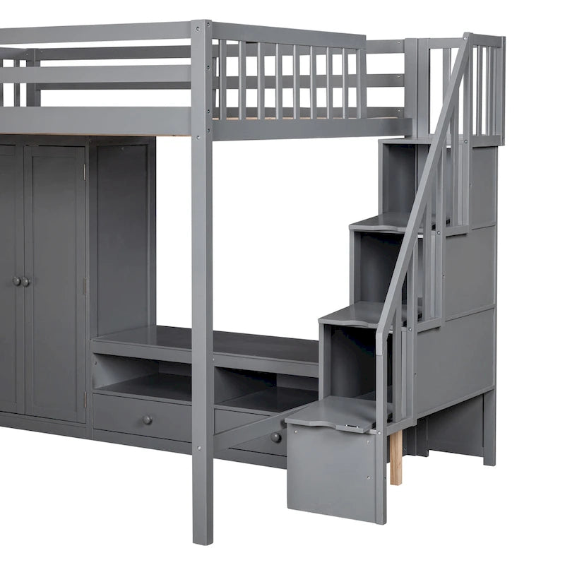 Gray Full Solid Wood Loft Bed with Wardrobe & Storage Table