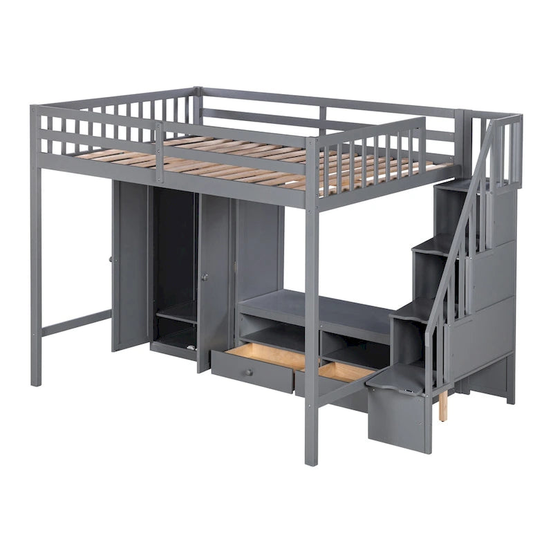 Gray Full Solid Wood Loft Bed with Wardrobe & Storage Table