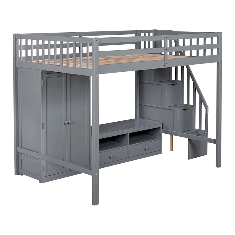Gray Full Solid Wood Loft Bed with Wardrobe & Storage Table