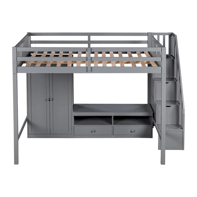 Gray Full Solid Wood Loft Bed with Wardrobe & Storage Table