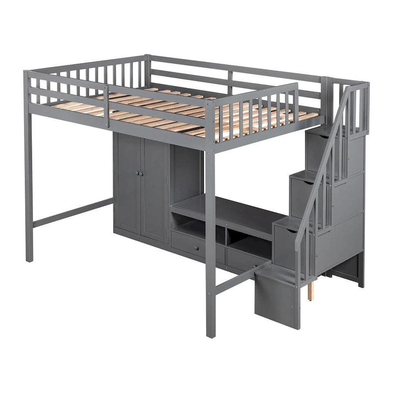 Gray Full Solid Wood Loft Bed with Wardrobe & Storage Table