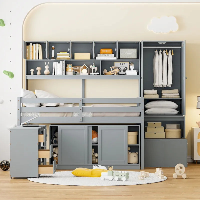 Gray Full Size Wooden Loft Bed with Integrated Wardrobe & Desk