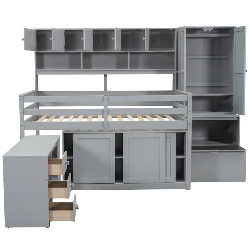 Gray Full Size Wooden Loft Bed with Integrated Wardrobe & Desk