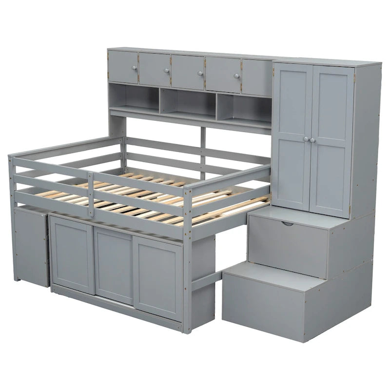 Gray Full Size Wooden Loft Bed with Integrated Wardrobe & Desk