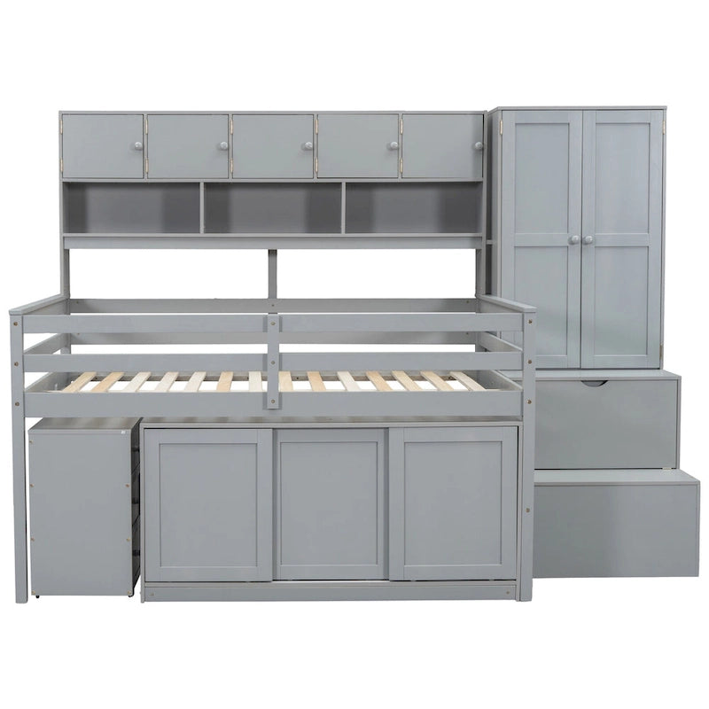 Gray Full Size Wooden Loft Bed with Integrated Wardrobe & Desk