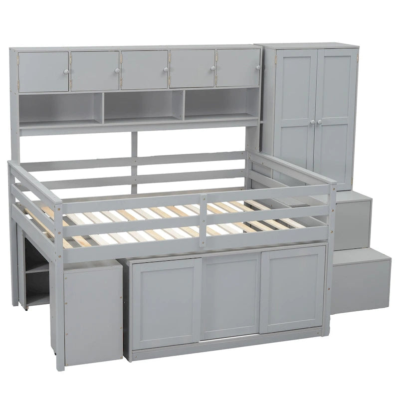 Gray Full Size Wooden Loft Bed with Integrated Wardrobe & Desk