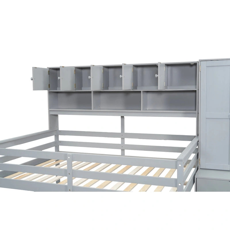 Gray Full Size Wooden Loft Bed with Integrated Wardrobe & Desk