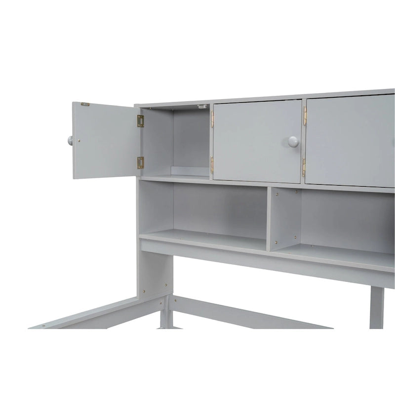Gray Full Size Wooden Loft Bed with Integrated Wardrobe & Desk