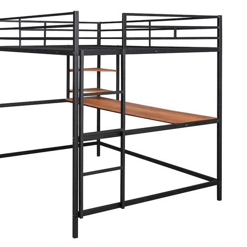 Black Full Size Metal Loft Bed with Desk, Ladder & Shelf