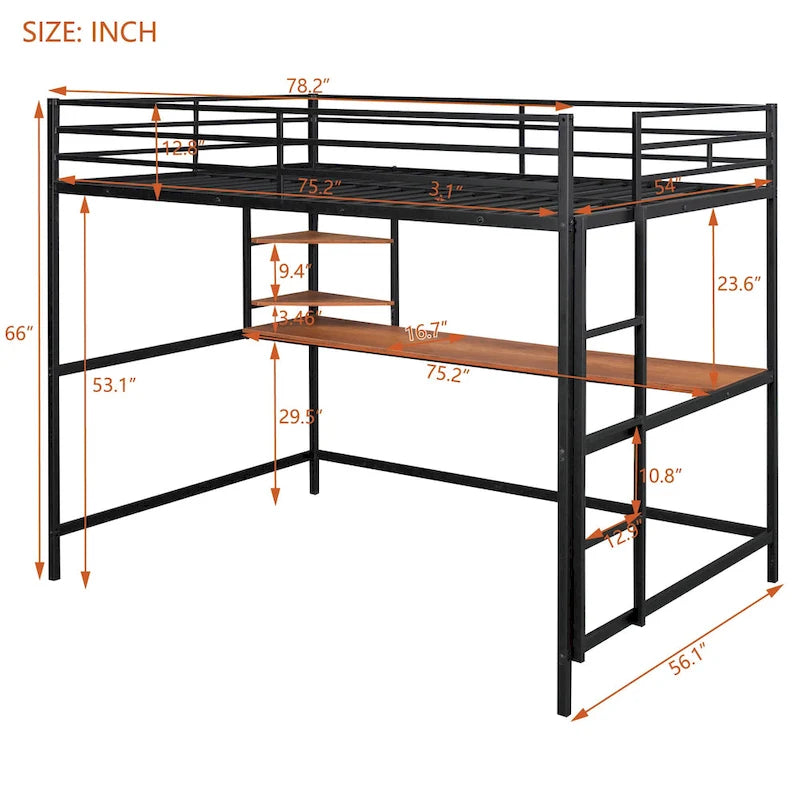 Black Full Size Metal Loft Bed with Desk, Ladder & Shelf