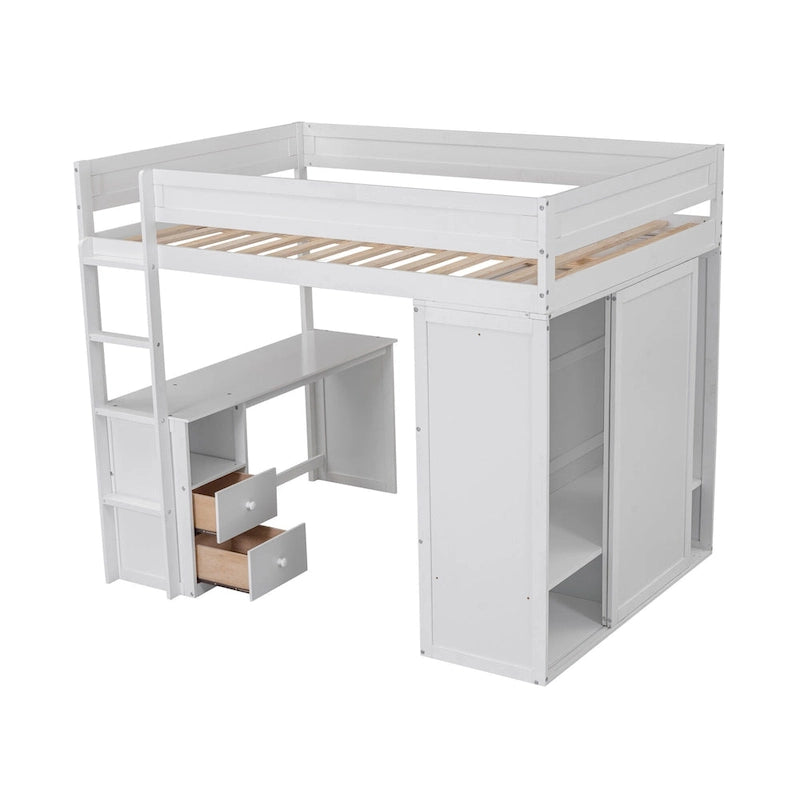 Full Pine Loft Bed with Wardrobes and Desk