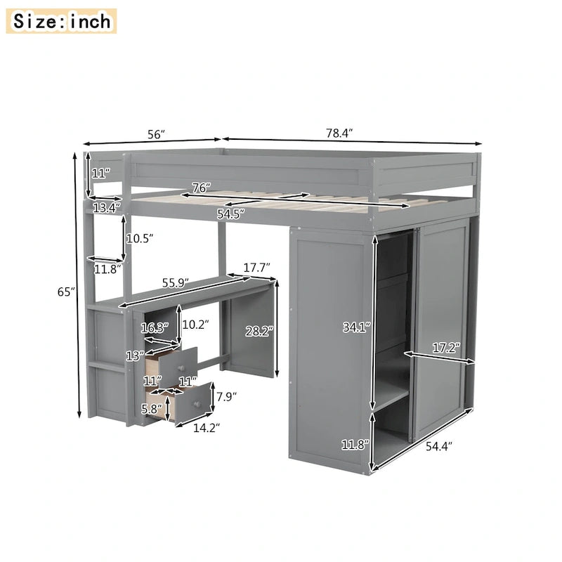 Full Pine Loft Bed with Wardrobes and Desk