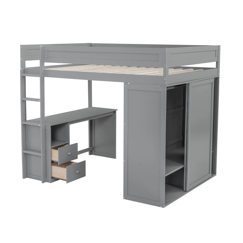 Full Pine Loft Bed with Wardrobes and Desk