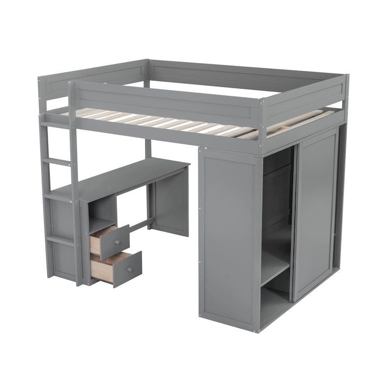 Full Pine Loft Bed with Wardrobes and Desk