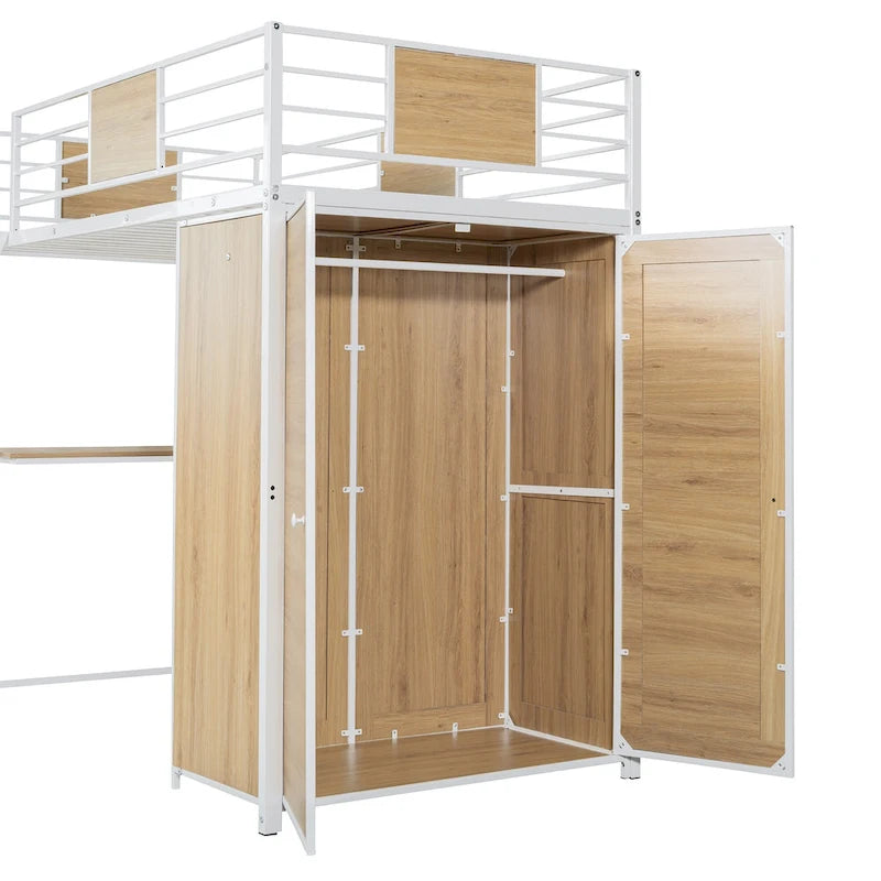 White Twin Size Metal Wood Loft Bed with L-shaped Desk and Ladder